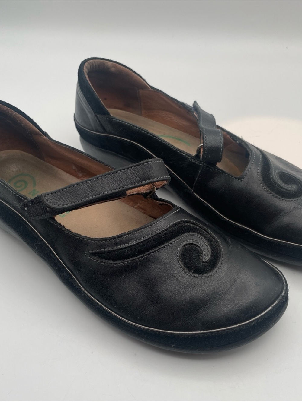 Naot Black Leather Mary Jane Flats with Swirl Detail Size 8.6